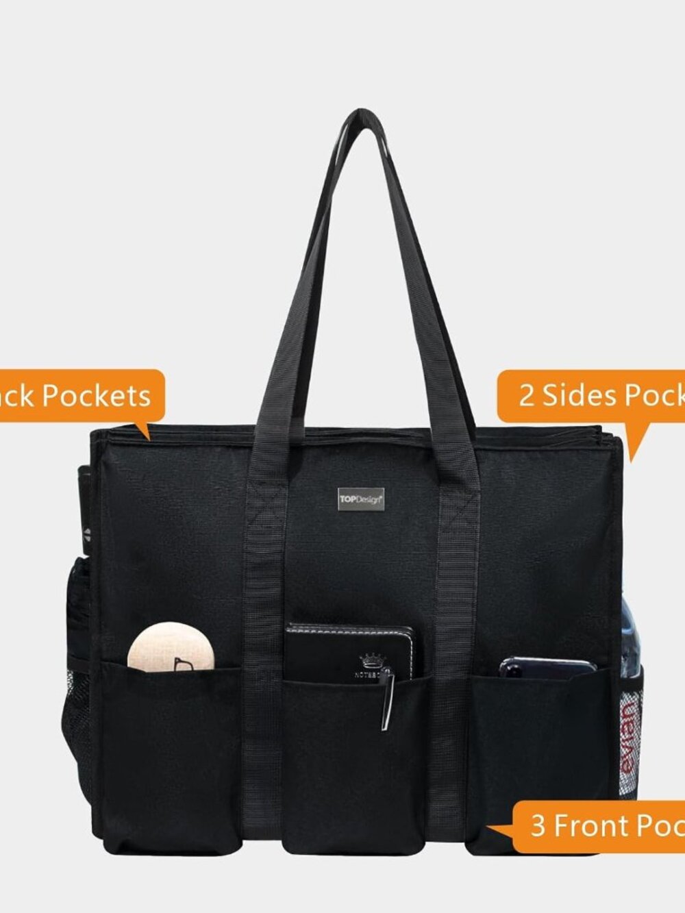 Utility Water Resistant Tote Bag with 13 Pockets, Top Zipper Closure & Thick Bot - Picture 3 of 6